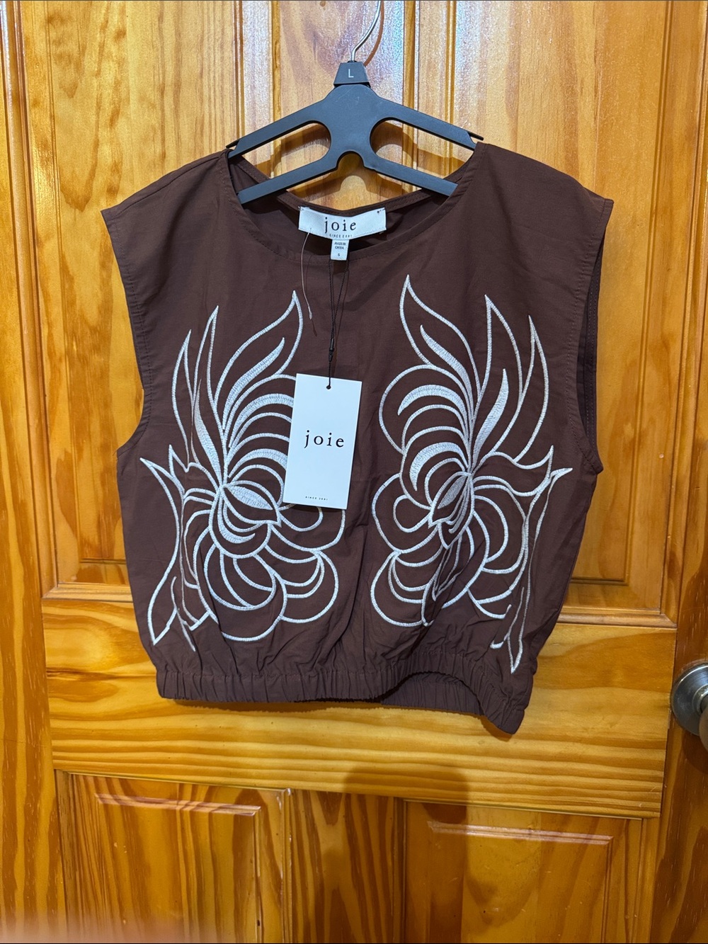 Joie Chocolate Brown Embroidered Sleeveless Crop Top
